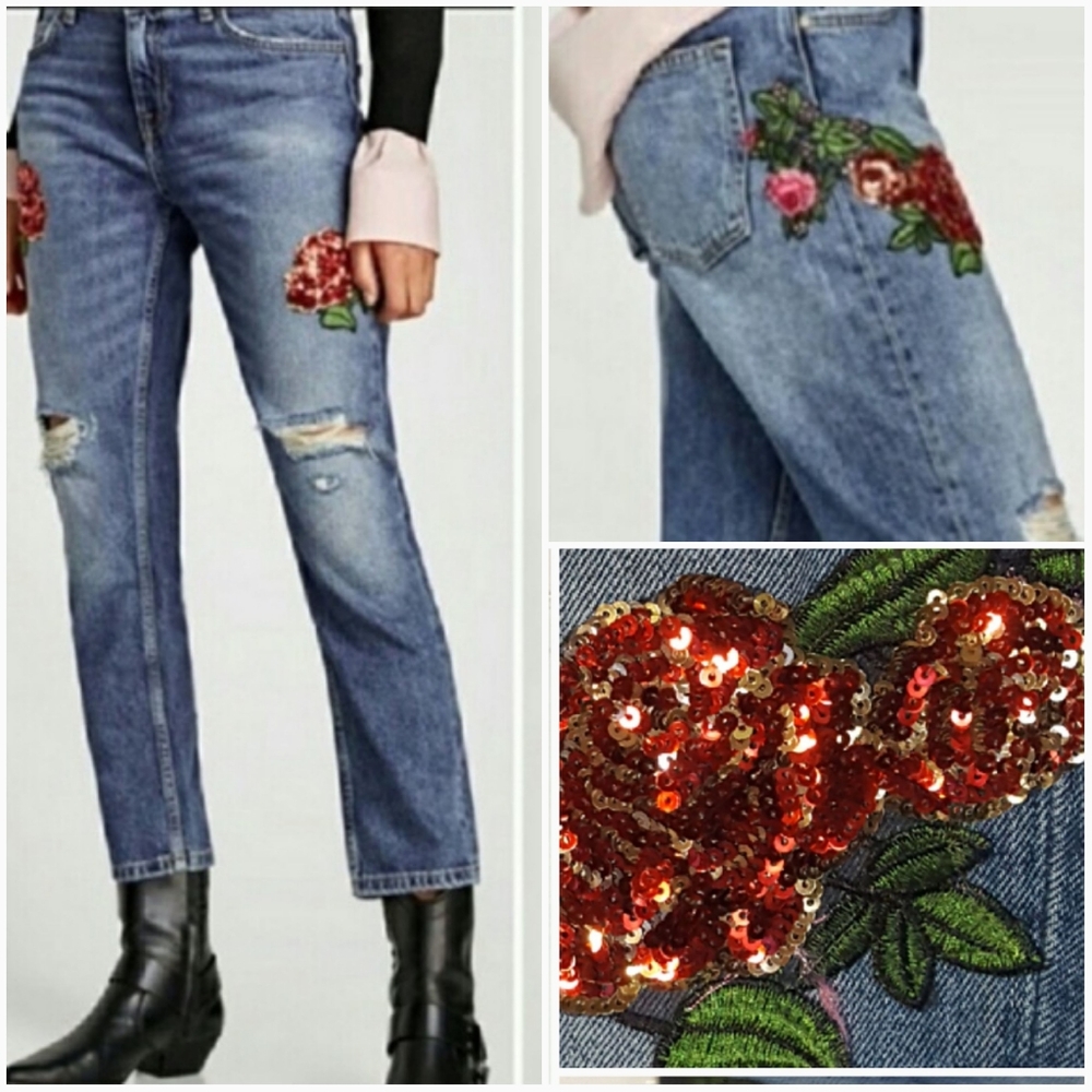 Zara Relaxed Embroidered Sequin Distressed Jeans